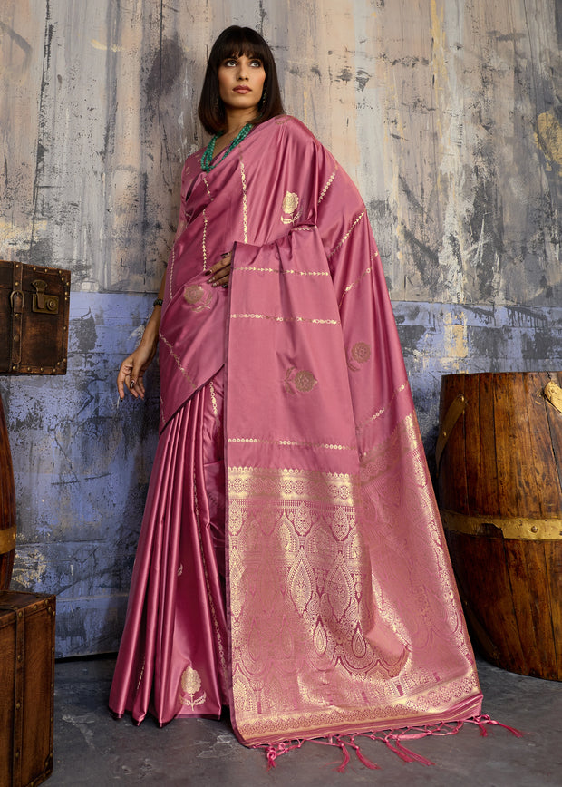 Mauve Pink Woven Banarasi Satin Silk Saree