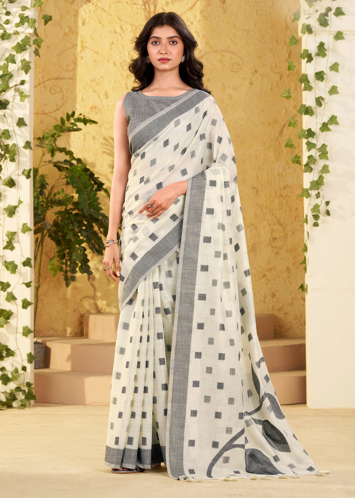 Lily White Woven Linen Silk Saree