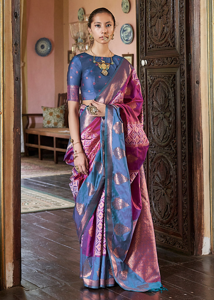 Majestic Magenta & Blue Dual Tone Bronze Zari Woven Banarasi Silk Saree