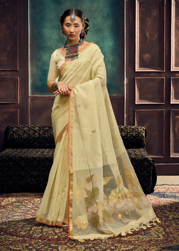 Cream Yellow Woven Cotton Silk Saree