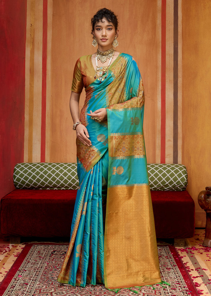 Blue Yellow Woven Banarasi Silk Saree