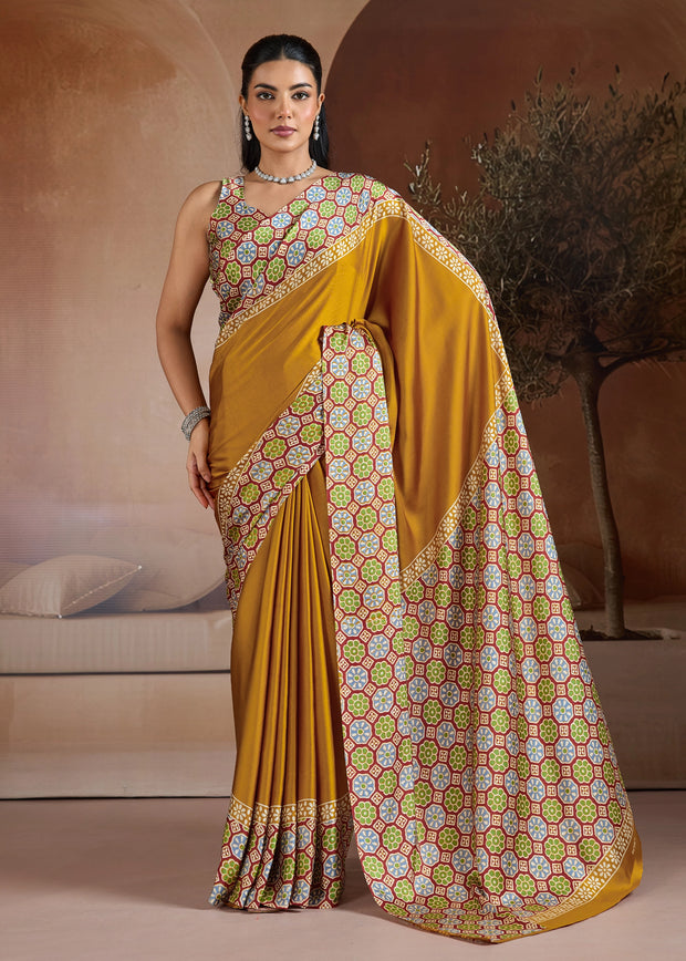 Mustard Yellow Printed Satin Silk Saree