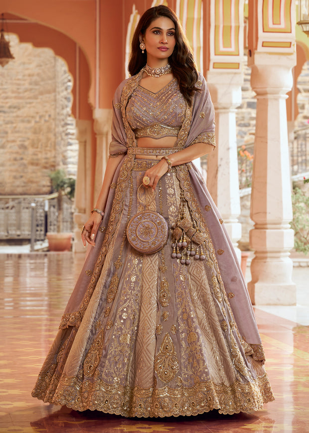 Mauve Banarasi Silk Embroidered Lehenga