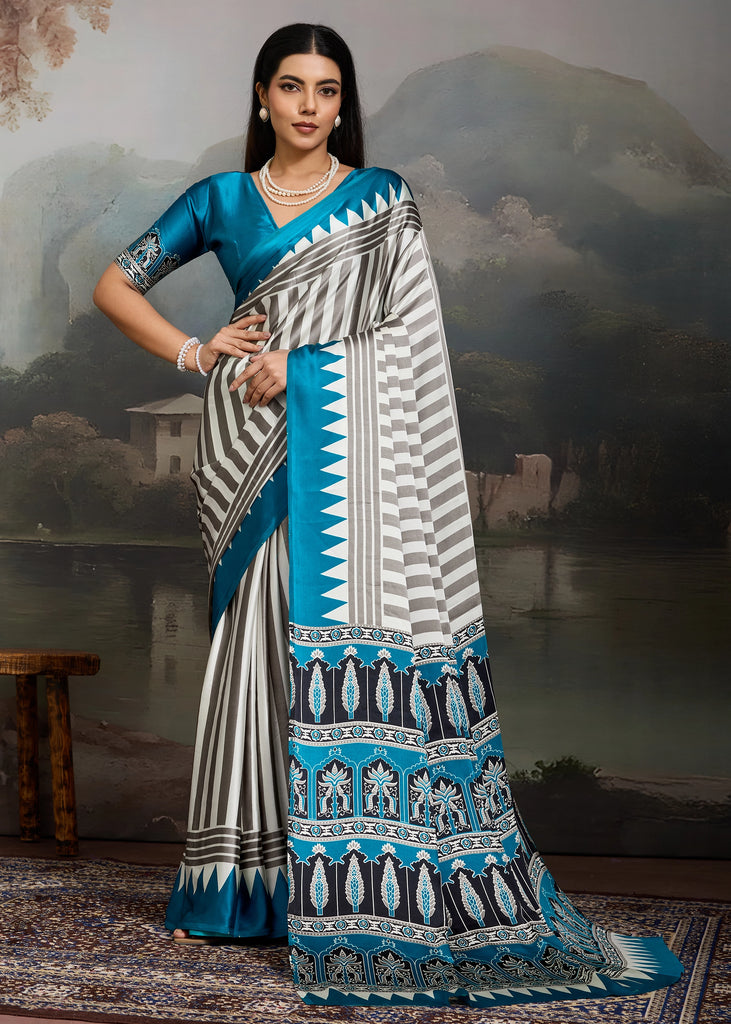 Ocean Blue And White  Printed Satin Silk Saree