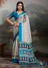 Ocean Blue And White  Printed Satin Silk Saree
