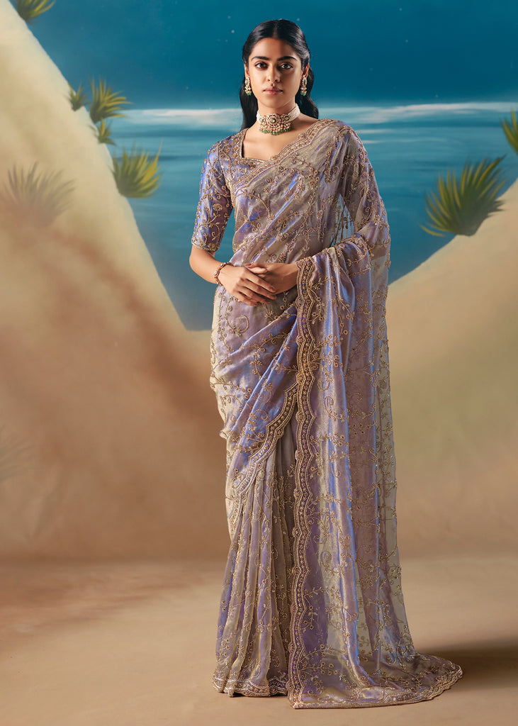 Lavender Purple Satin Organza Embroidered Saree