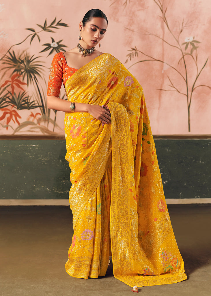 Haldi Yellow Woven Georgette Bandhej Saree