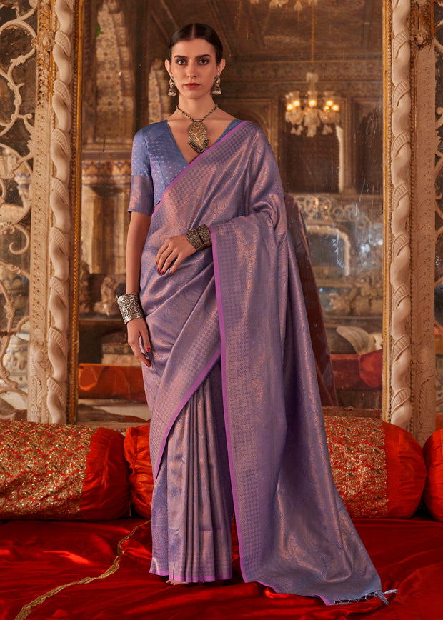 Lavender purple Kanjivaram silk saree with traditional Kanchipuram gold zari weaving