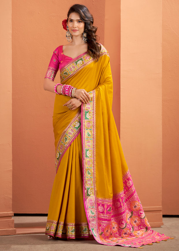 Mustard Yellow Woven Banarasi Patola Silk Saree