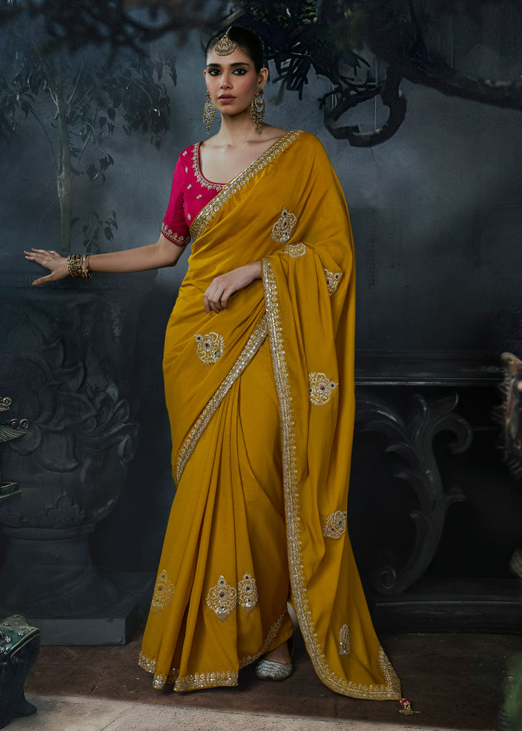 Honey Yellow Embroidered Designer Saree