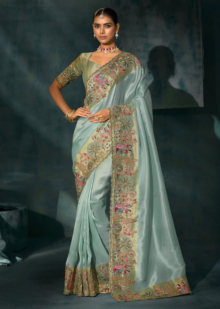 Angel Blue Embroidered Designer Tissue Saree