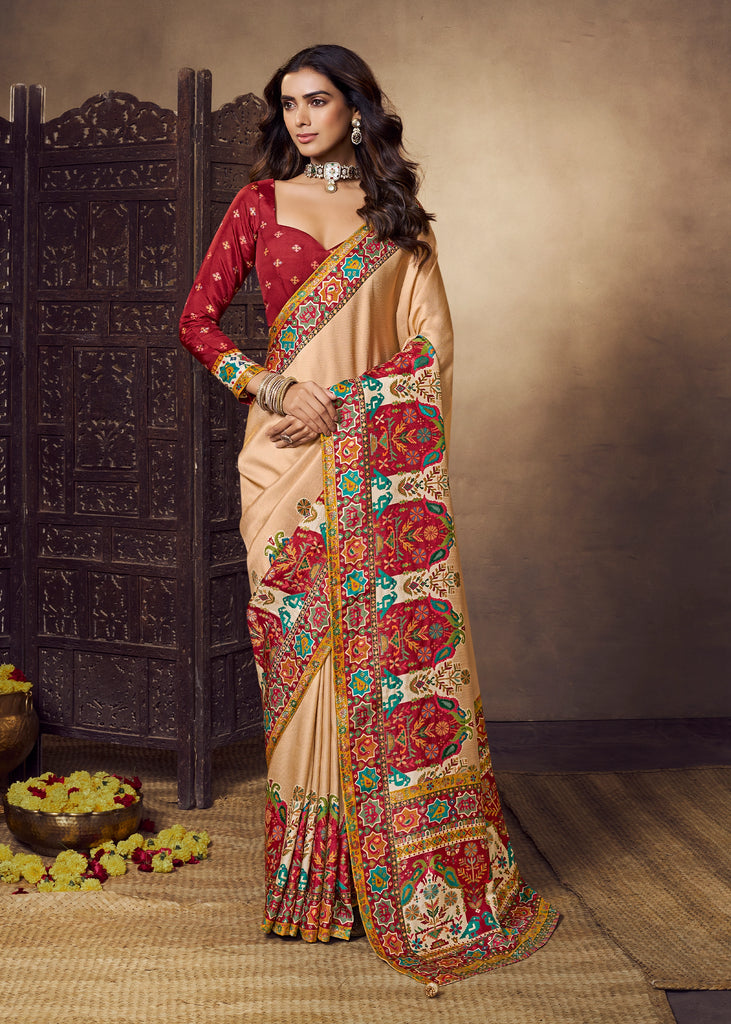 Beige And Maroon Woven Soft Silk Saree