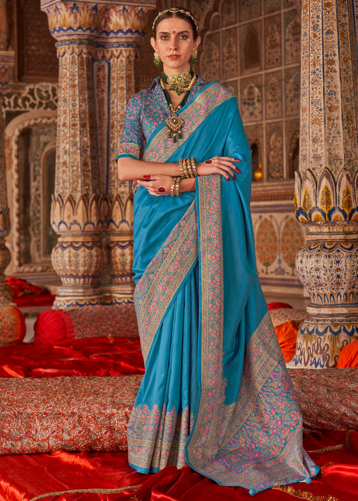 Heritage Blue Printed Kashmiri Jamewar Saree