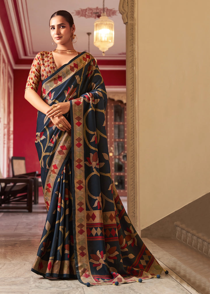 Deep Blue Floral Printed Soft Silk Saree