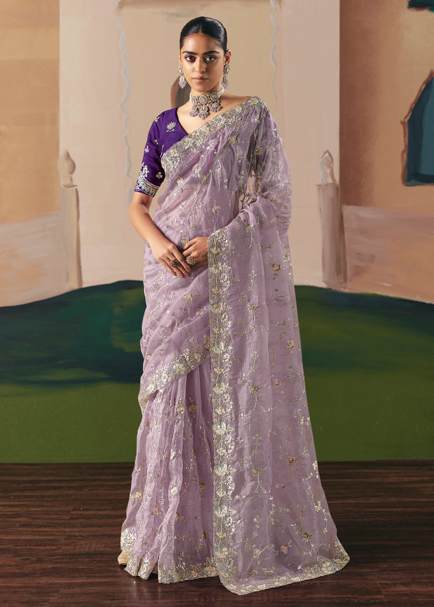 Blazing Lavender Embroidered Designer Saree