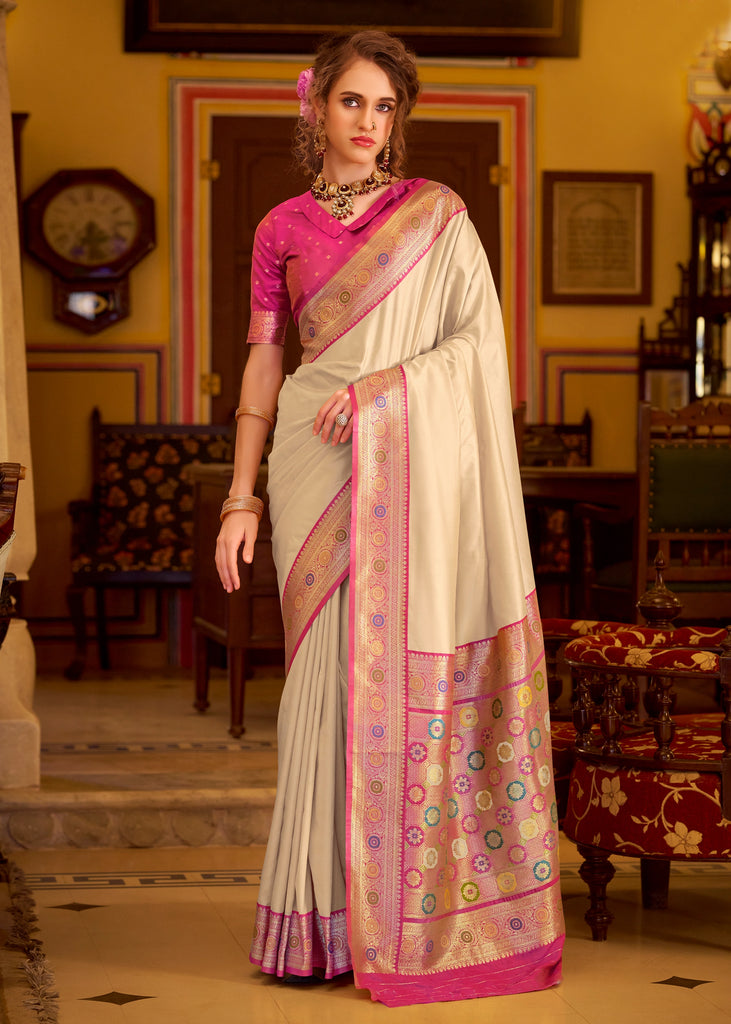 White And Pink Woven Banarasi Soft Silk Saree