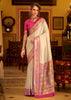 White And Pink Woven Banarasi Soft Silk Saree