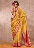 Misted Yellow Woven Banarasi Silk Saree With Contrast Border