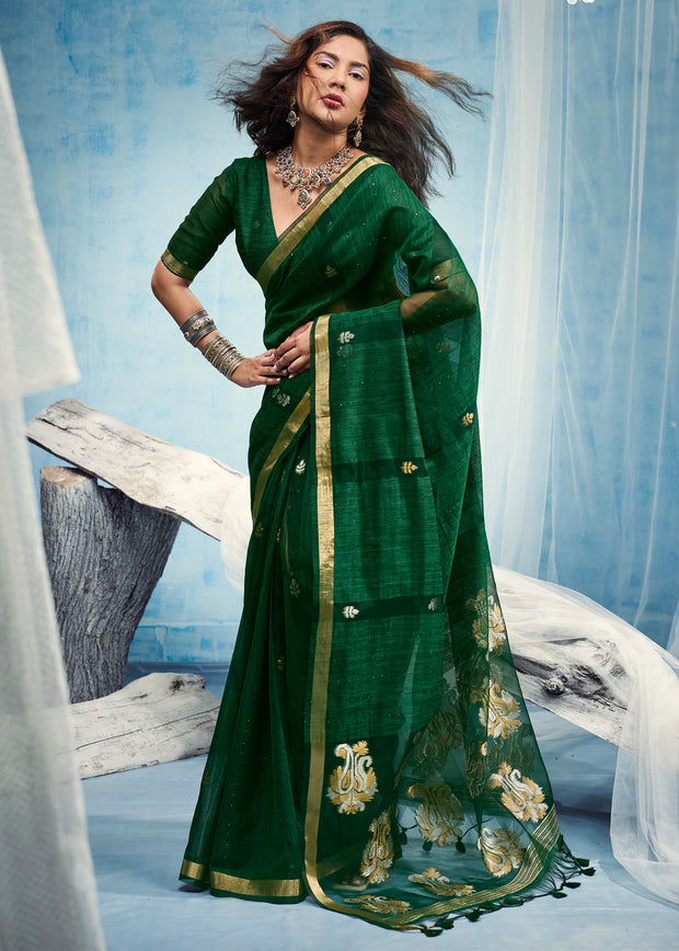 Hunter Green Woven Cotton Silk Saree