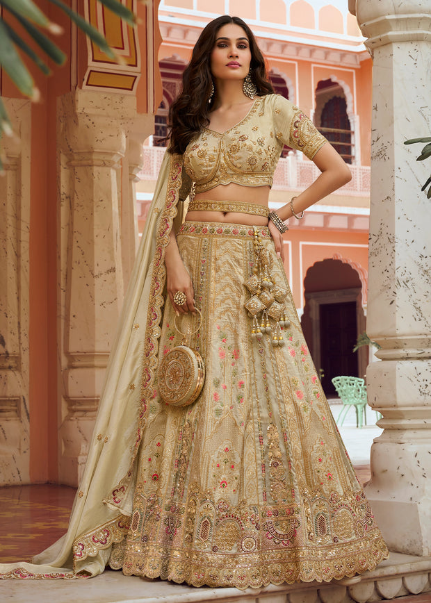 Beige Banarasi Silk Embroidered Lehenga