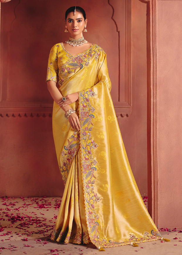 Vibrant Yellow Designer Embroidered Saree