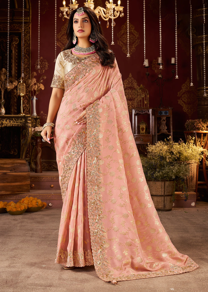Delight Pink Embroidered Tissue Designer Saree