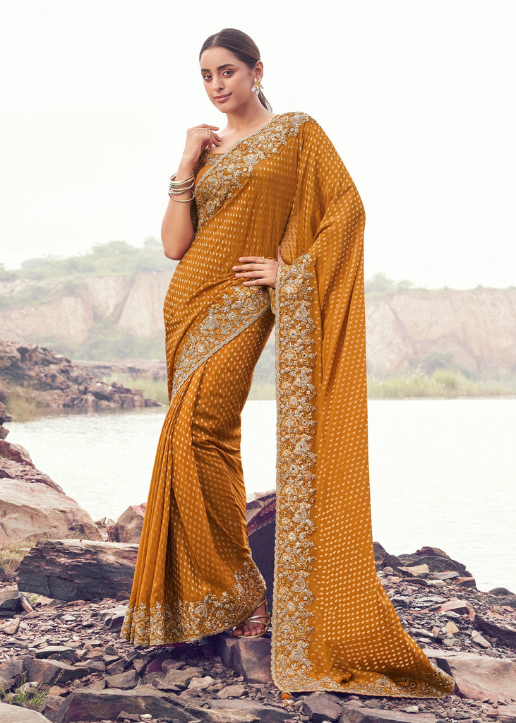 Dusky Orange Woven Embroidered Satin Silk Saree