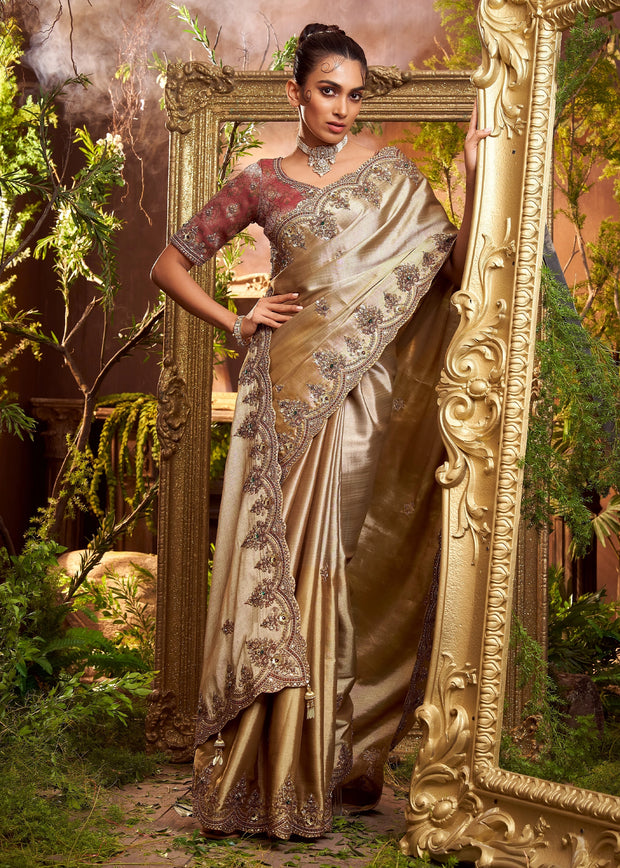 Rich Golden Embroidered Designer Saree
