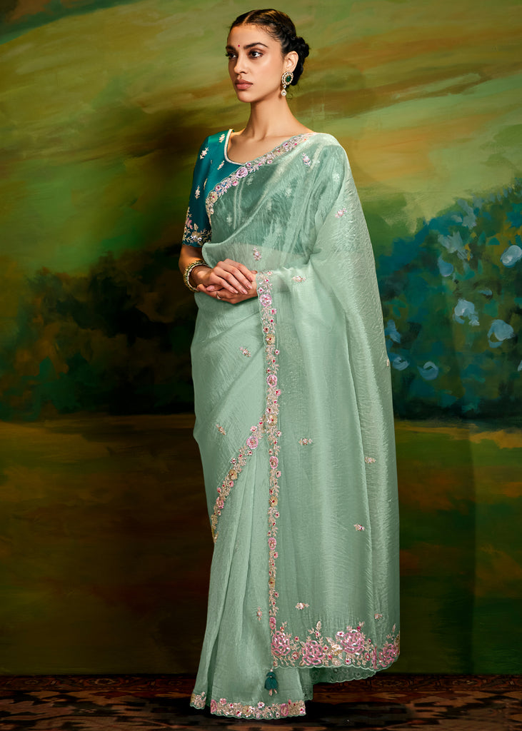 Fair Green Heavy Embroidered Designer Silk Saree With contrast Blouse
