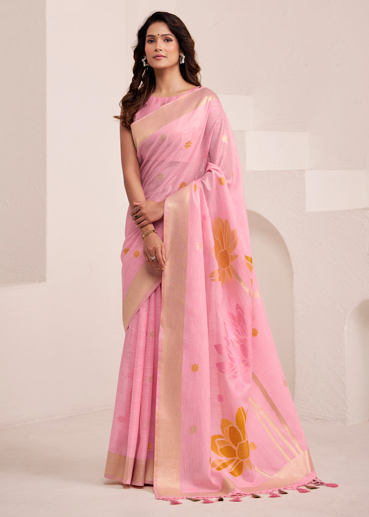 Blossom Pink Woven Linen Silk Saree