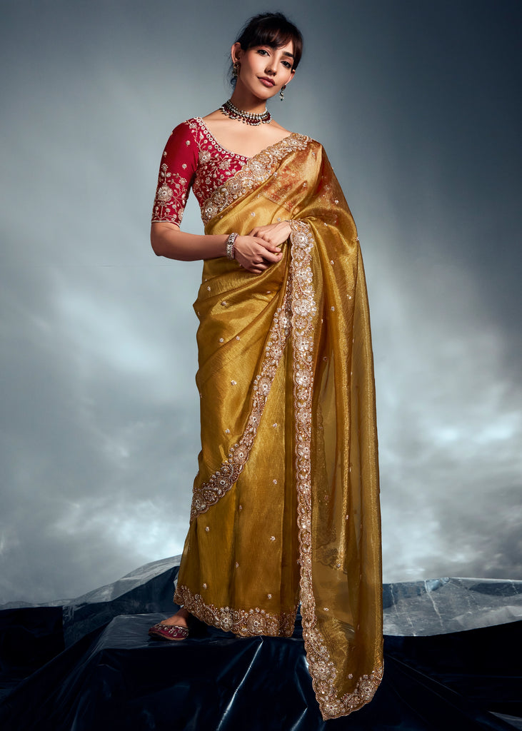 Golden Yellow Designer Silk Saree