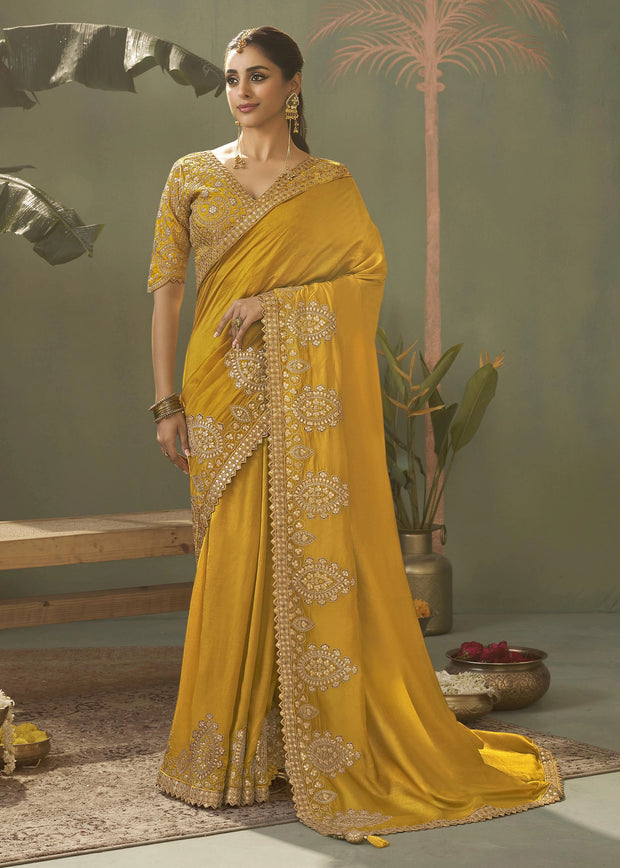 “Exclusive Offer” : Golden Yellow Woven Embroidered Silk Saree