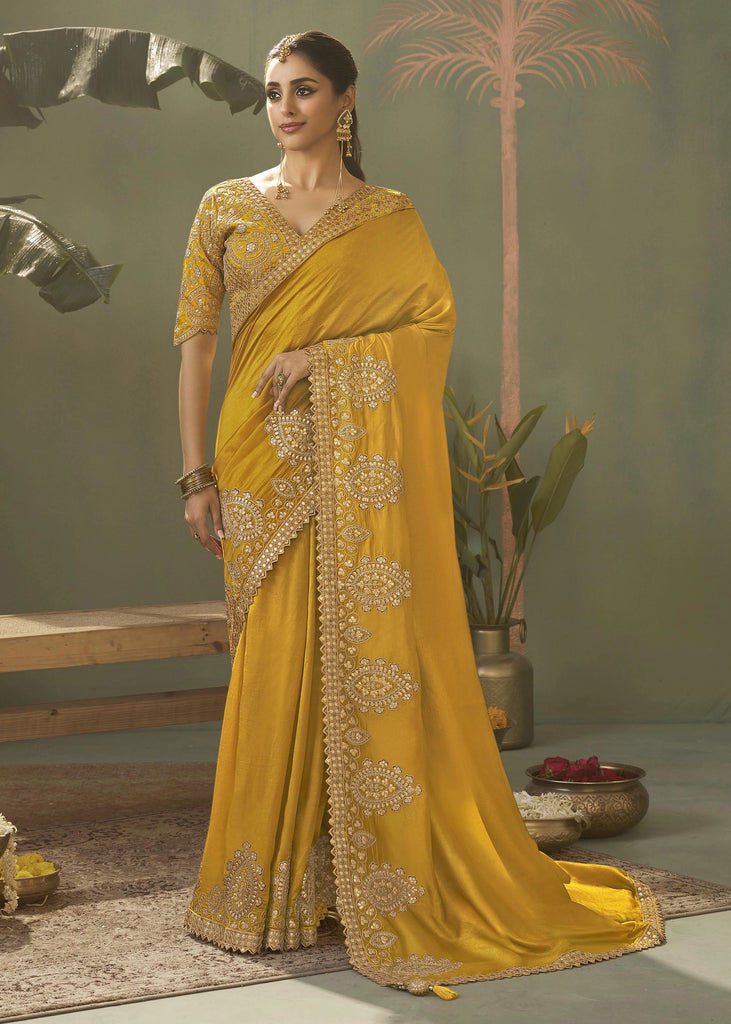“Exclusive Offer” : Golden Yellow Woven Embroidered Silk Saree