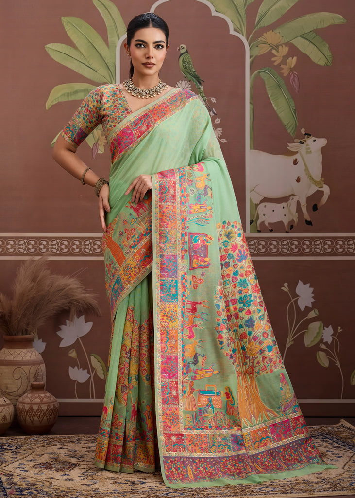 Pista Green Woven Cotton Kashmiri Jamewar Saree