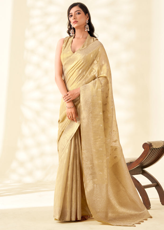 Gold beige linen tissue silk saree with subtle metallic sheen and breathable drape