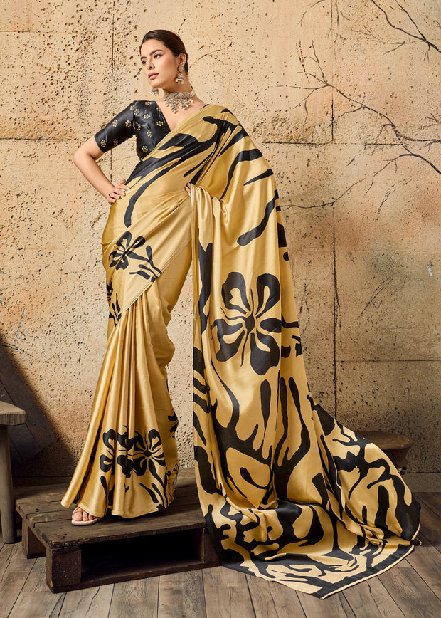Classic Cream Printed Satin Silk Saree
