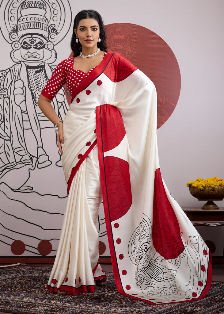 Red And White Printed Satin Silk Saree