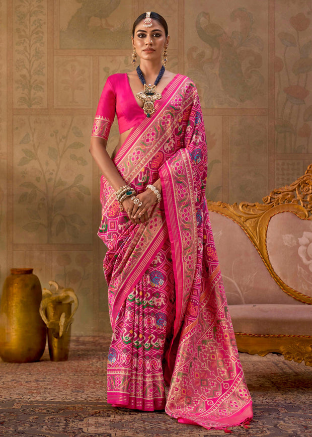 Hot Pink Printed Patola Silk Saree