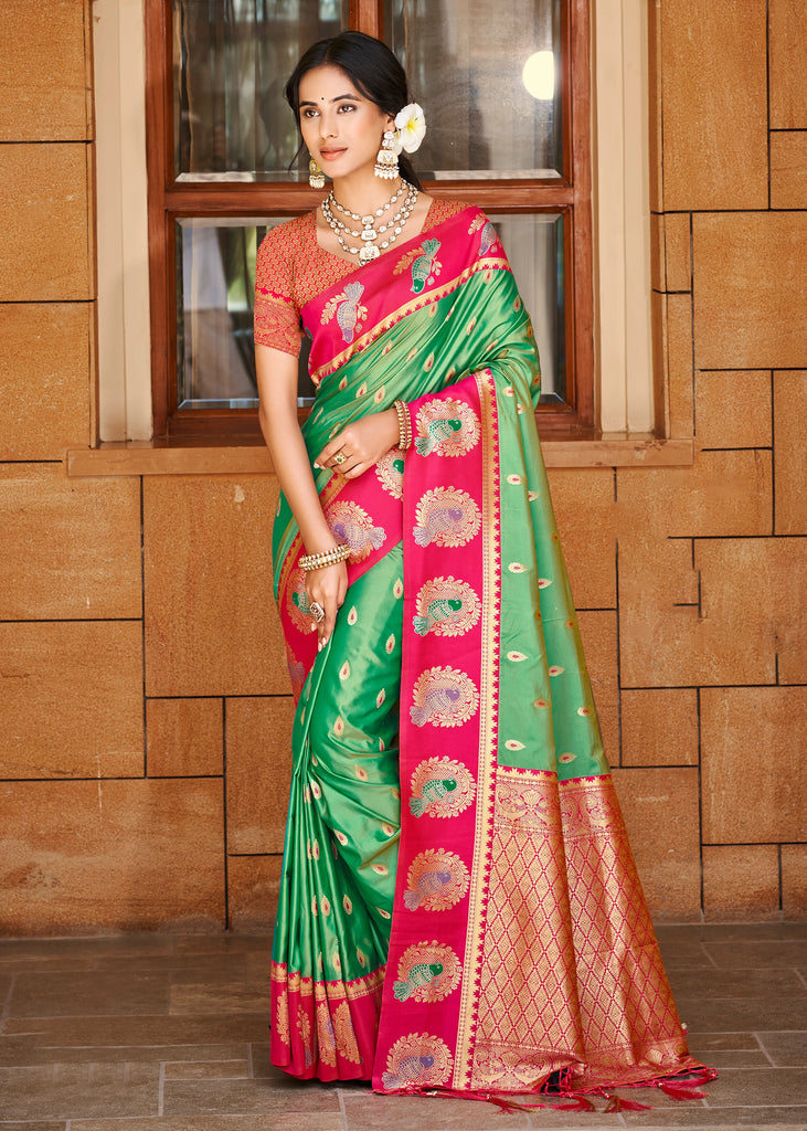 Green & Red Woven Banarasi SIlk Saree