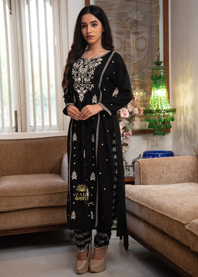 Midnight Black Embroidered Rayon Suit Set (10702020509889)
