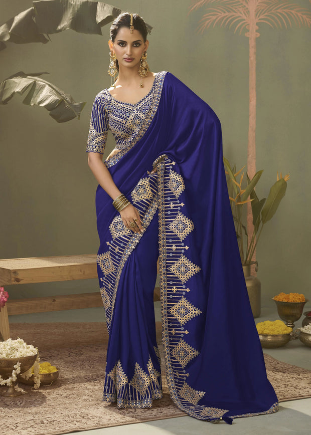“Exclusive Offer” : Royal Blue Woven Embroidered Silk Saree