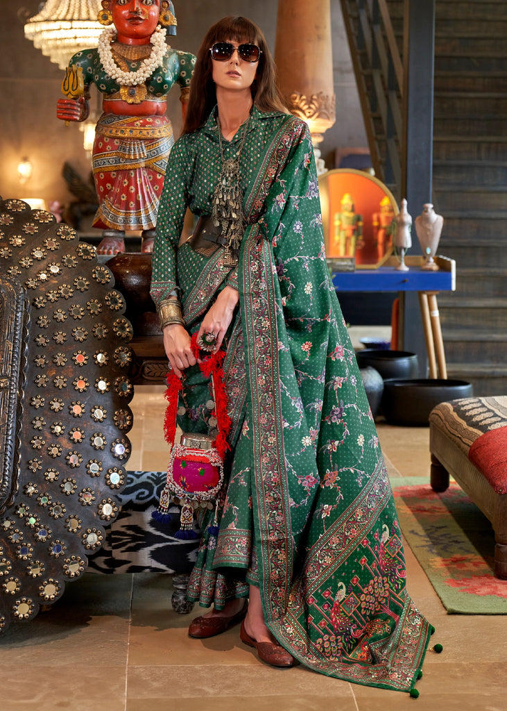 Hunter Green Printed Soft Silk Saree