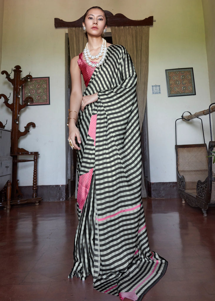 Black White Stripe Printed Satin Crepe Saree
