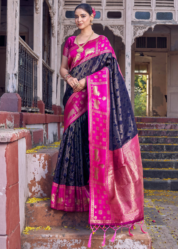 Midnight Blue Woven Banarasi Silk Saree