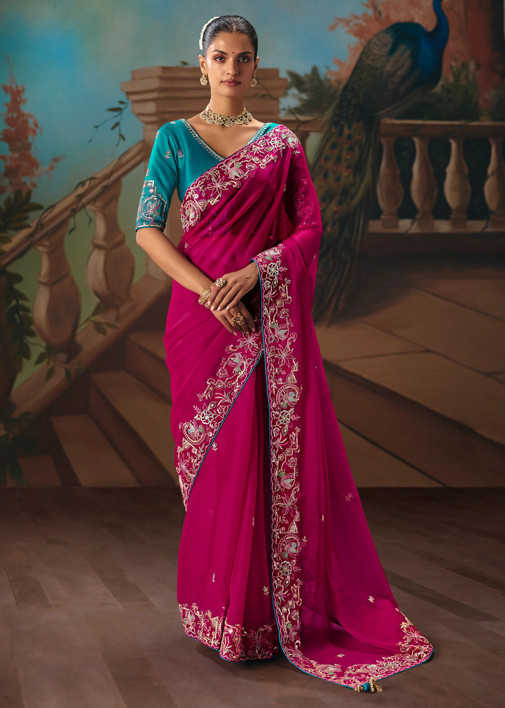 Magenta Pink Embroidered Designer Saree