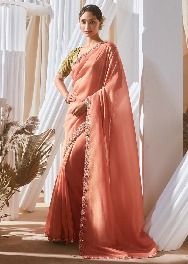 Peach Pink Designer Silk Saree