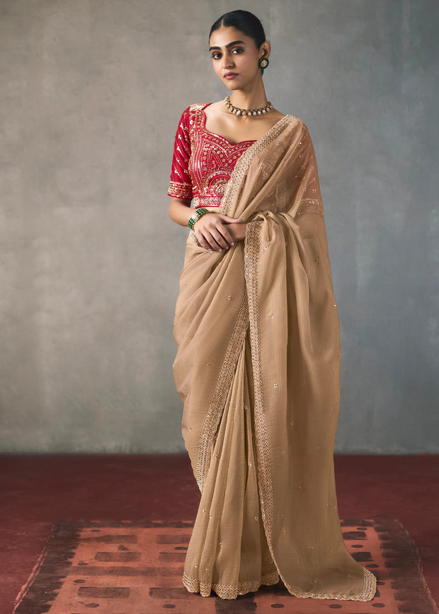 Champagne Beige Embroidered Silk Saree With Heavy Blouse