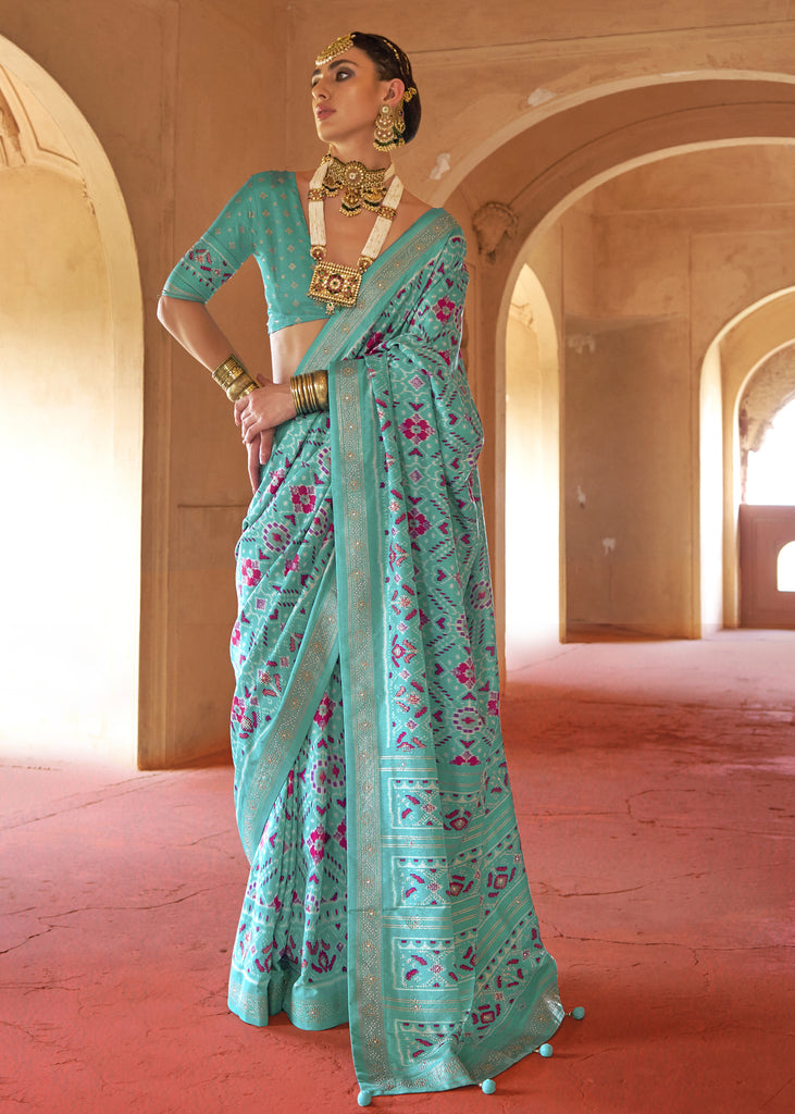 Turquoise Blue Printed Patola Silk Saree