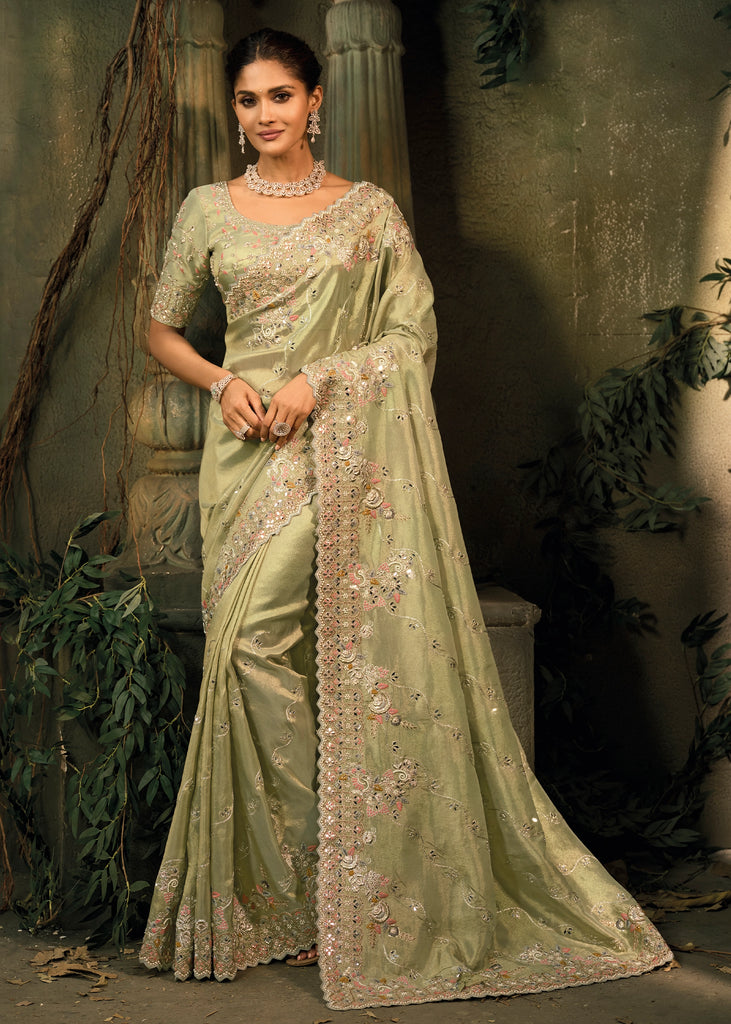 Pista Green Designer Embroidered Silk Saree