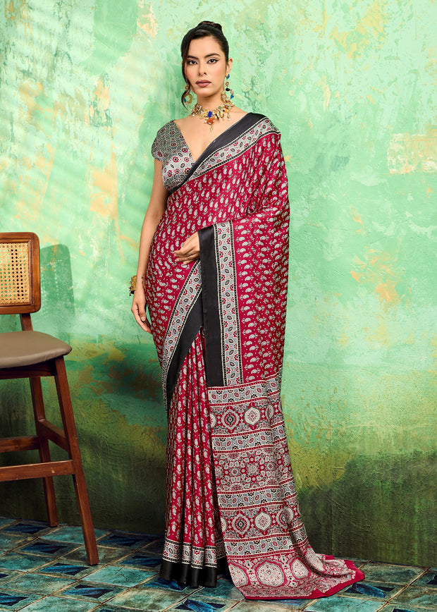 Scarlet Red Printed Satin Silk Saree